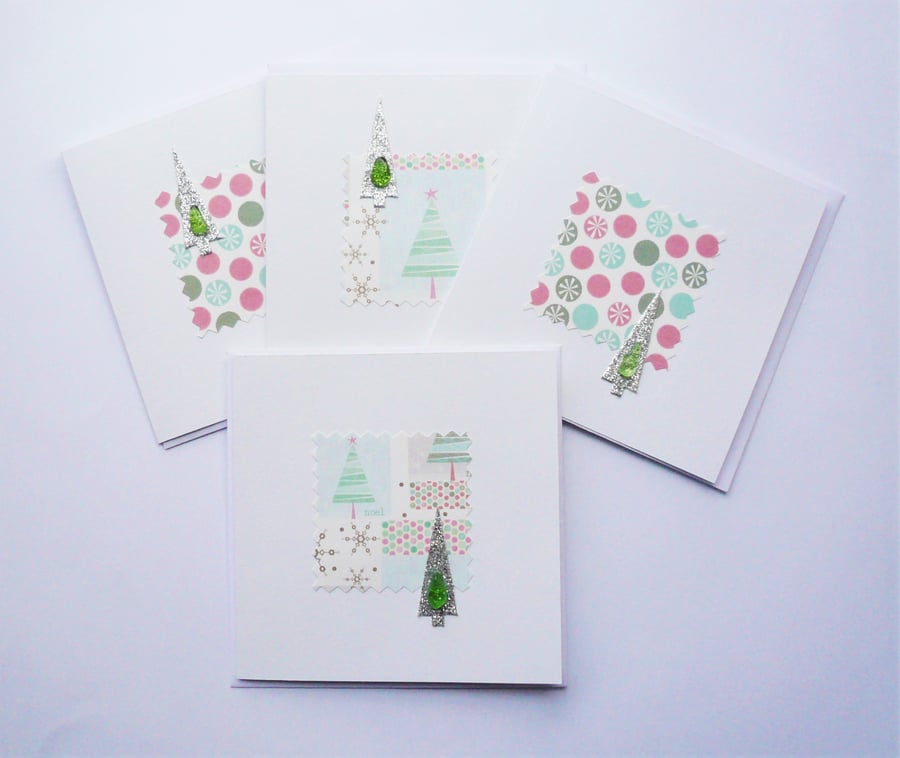 Green and Pink Christmas Tree Sea Glass Shell Christmas Cards Pack of 4