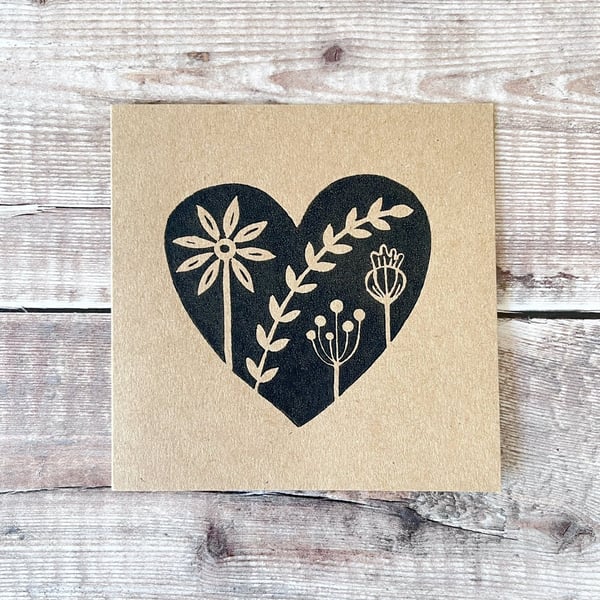 Floral Heart Lino Print on an Eco Friendly Greetings Card