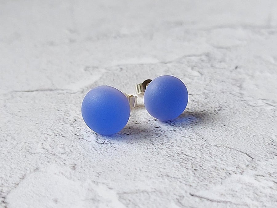 Periwinkle blue glass stud earrings, sterling silver fittings