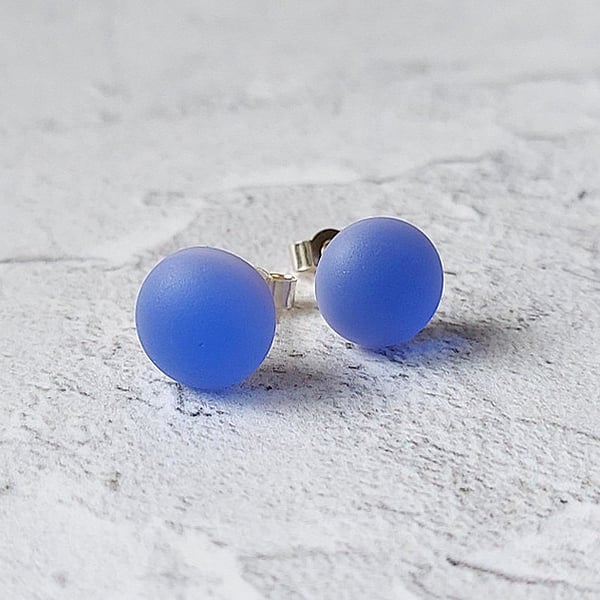 Periwinkle blue glass stud earrings, sterling silver fittings