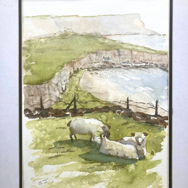 Original watercolour of Antrim coast Northern Ireland sheep 