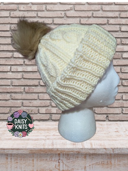 Hand Knitted Hat, Ladies Cable Hat, Pom Pom Hat