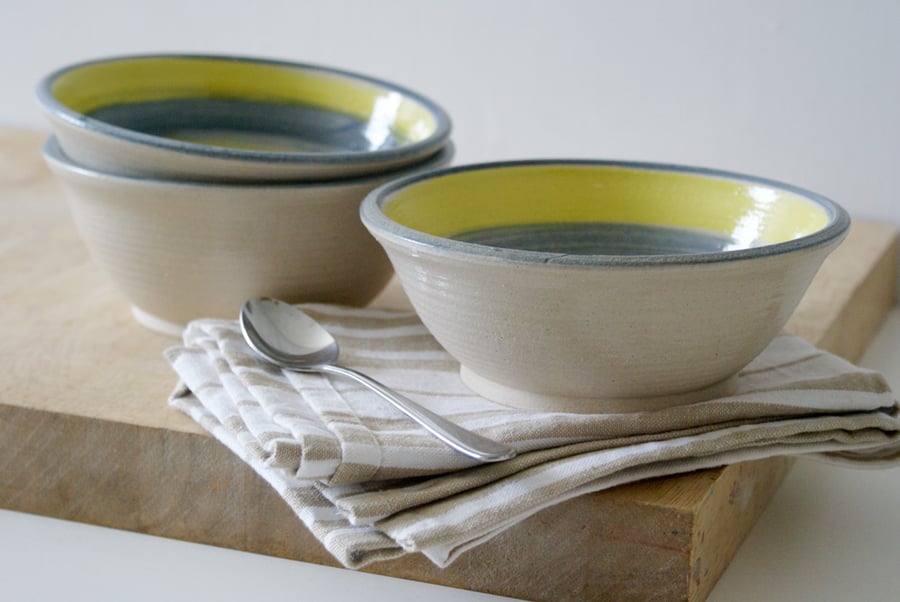 Set of three blue, yellow and brown swirled bowls - hand thrown stoneware 