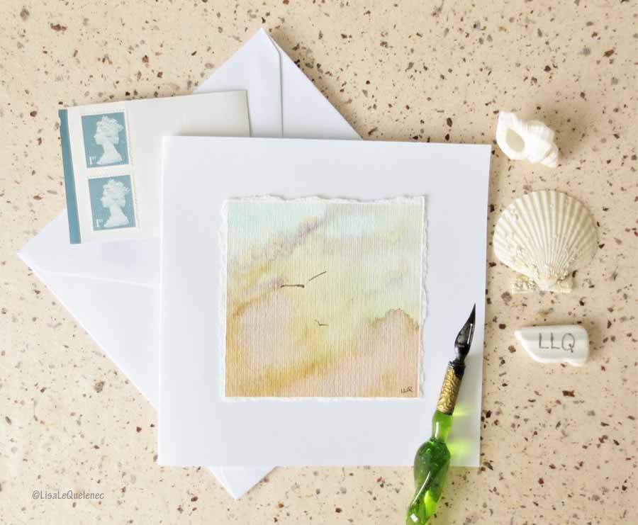 Original watercolour hand painted greeting card gulls at sunset