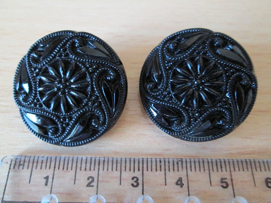 SOLD - Pair of Vintage Embossed Black Glass Buttons 25 mm