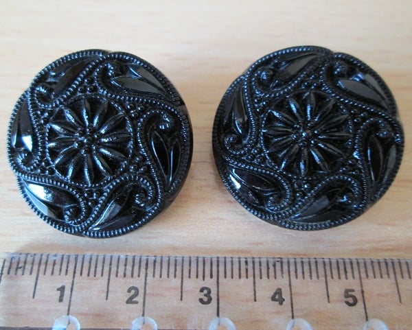 SOLD - Pair of Vintage Embossed Black Glass Buttons 25 mm