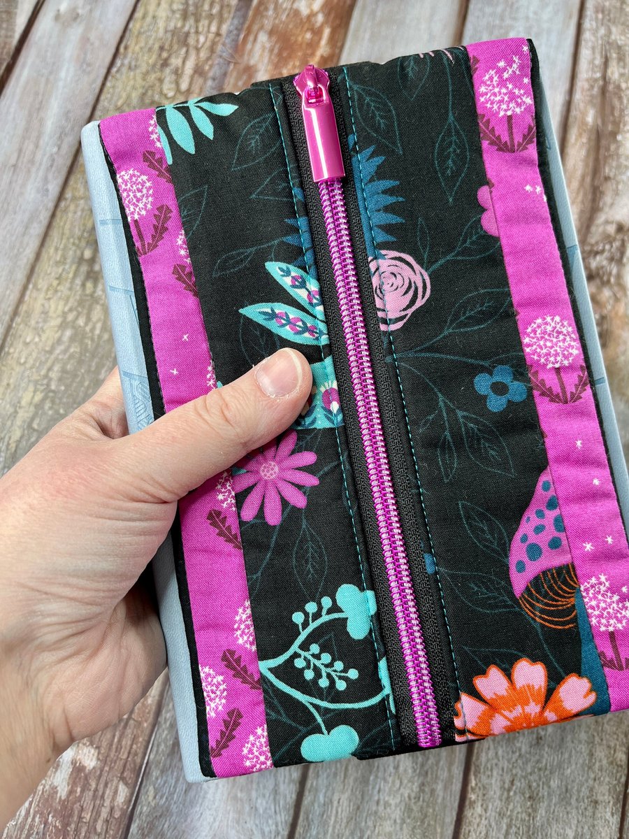 Pink Dandelion Patchwork Notebook Pencil Case, Black Floral A5 Journal Zip Case,