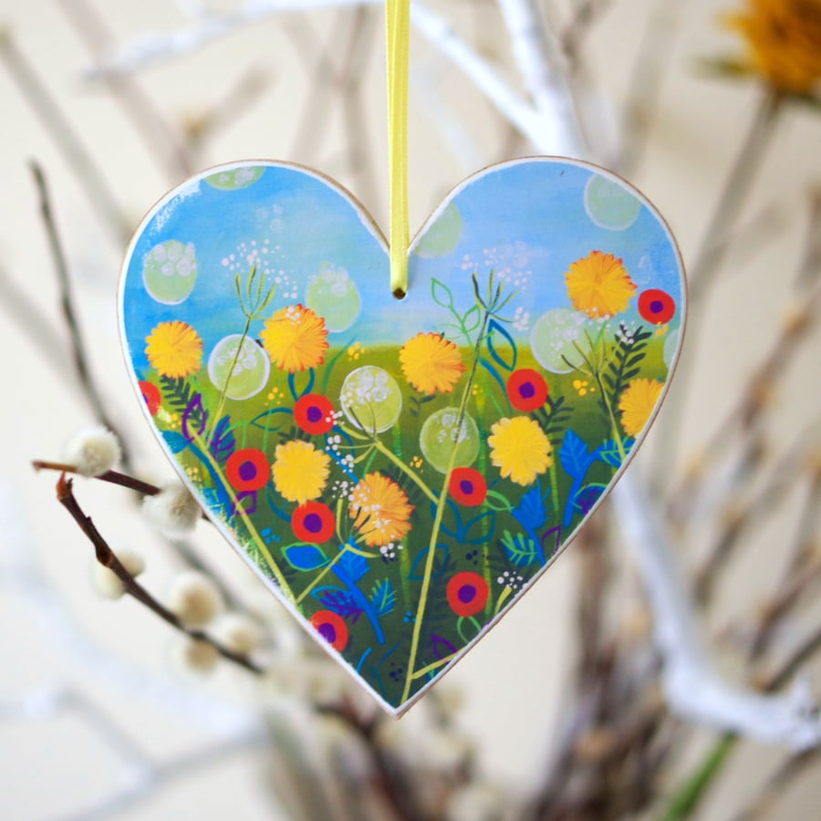 Yellow Floral Hanging Decoration, Blue Heart Hanging Decoration, Easter Decor