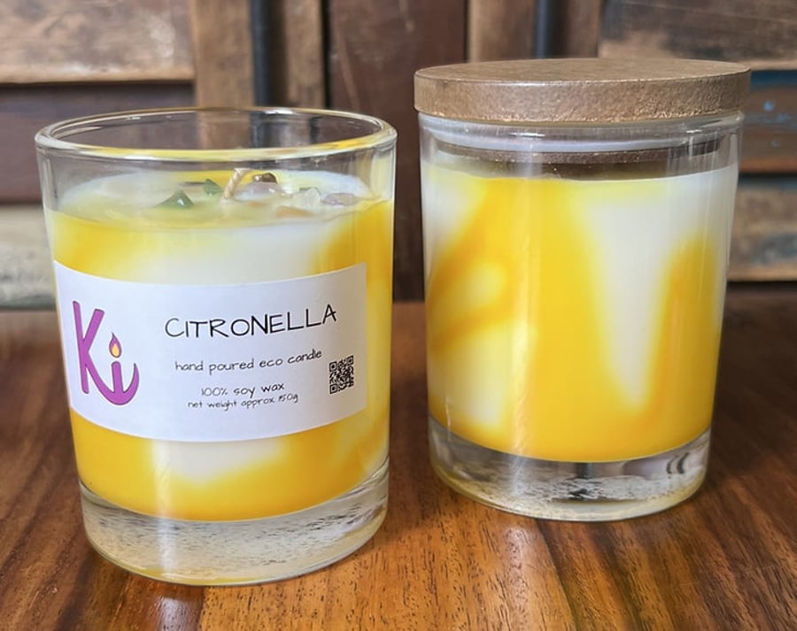 Citronella soy candle in a clear glass jar
