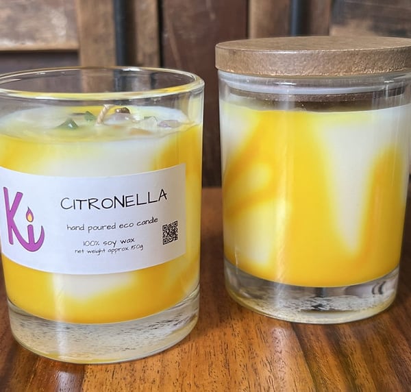 Citronella soy candle in a clear glass jar