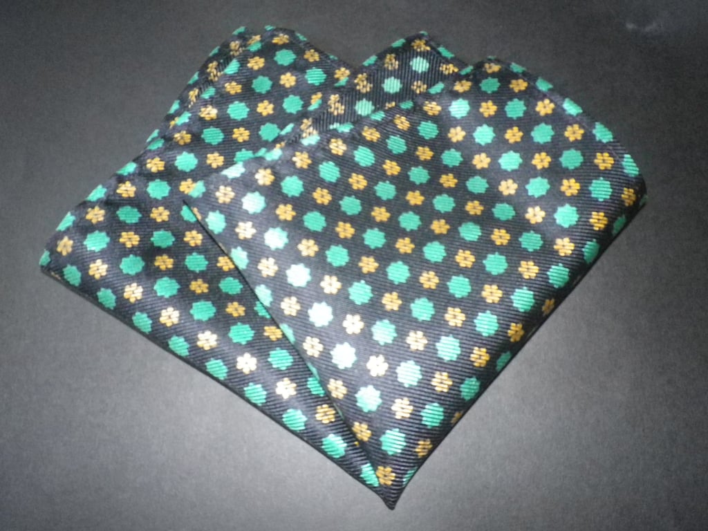 Green motif on navy pure silk pocket square 25 x 25 cm free  shipping