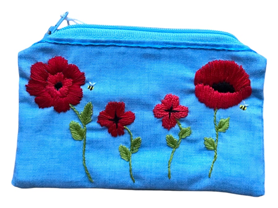 Embroidery poppy coin purse