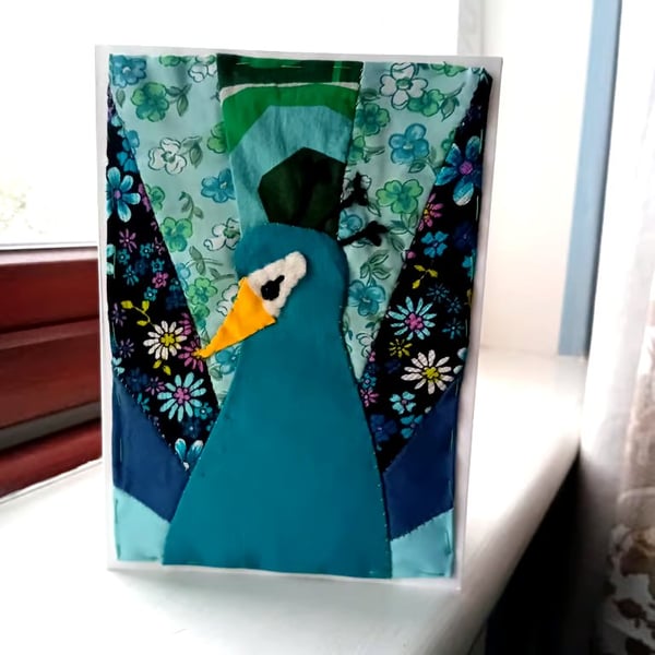 Handsewn patchwork peacock on a blank greetings card for any occasion 