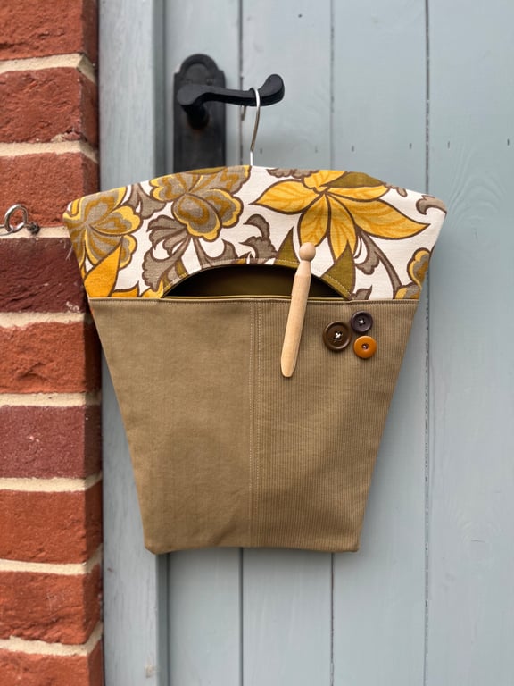 Vintage mustard and khaki floral reclaimed cotton peg bag