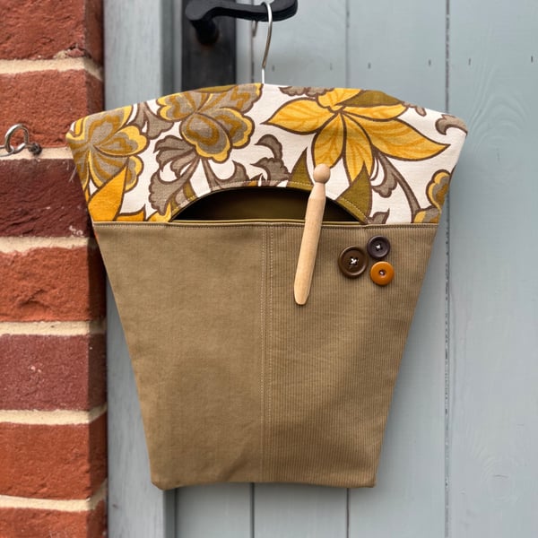 Vintage mustard and khaki floral reclaimed cotton peg bag