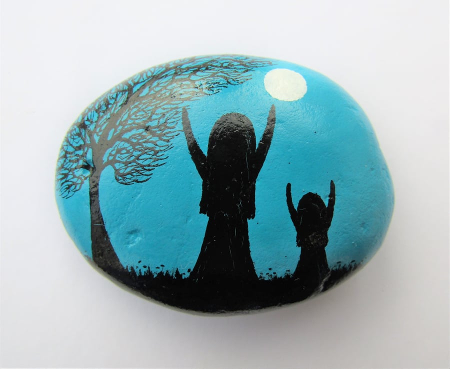 Moon Mother Daughter Gift, Hand Painted Stone, Child Mum Tree Painting, Pebble 