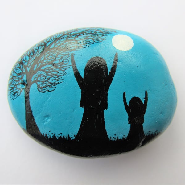 Moon Mother Daughter Gift, Hand Painted Stone, Child Mum Tree Painting, Pebble 