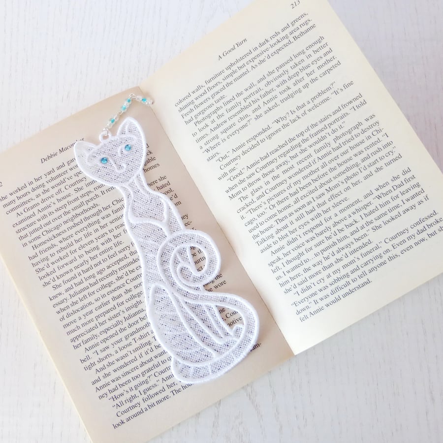 Cat Bookmark, embroidered lace