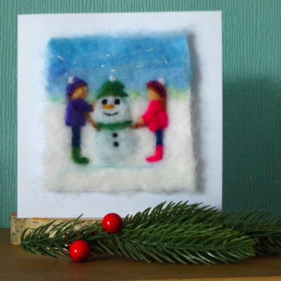 Needle Felted Lets make a Snowman greetings card