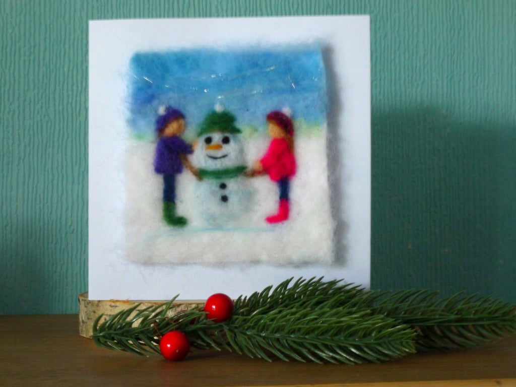 Needle Felted Lets make a Snowman greetings card