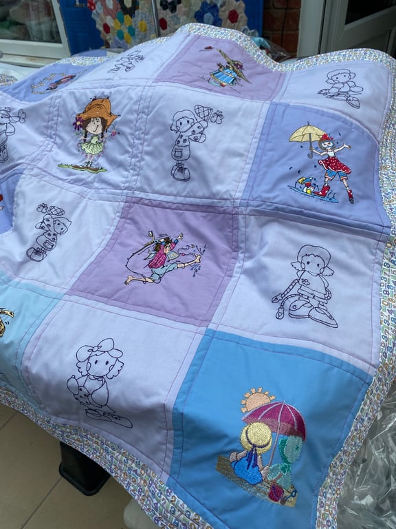 Child’s Bed Quilt with Comical Embroideries. Birthday Gift for Child. Playmat,  