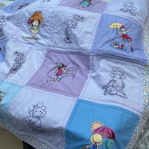 Child’s Bed Quilt with Comical Embroideries. Birthday Gift for Child. Playmat,  