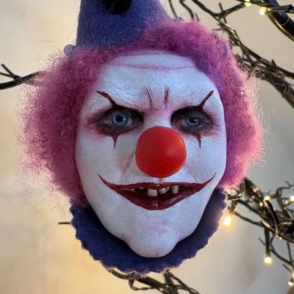 Creepy clown, polymer clay sculpture, Halloween ornament, ooak sculpture