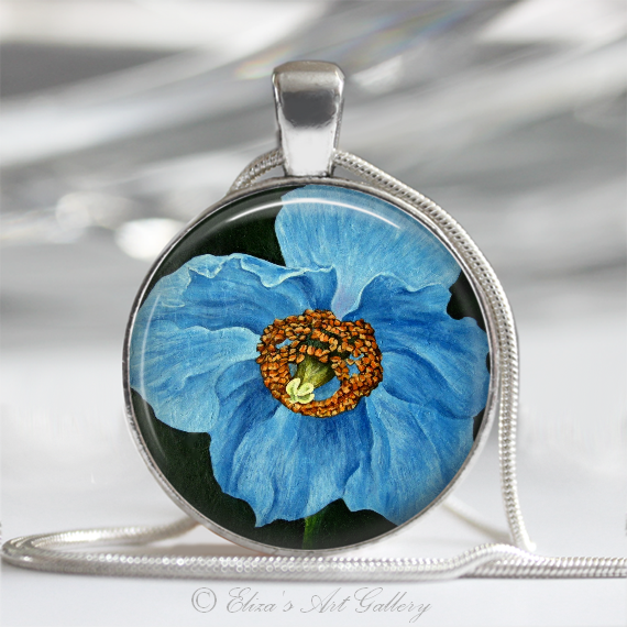 Silver Plated Blue Poppy Flower Art Pendant Necklace