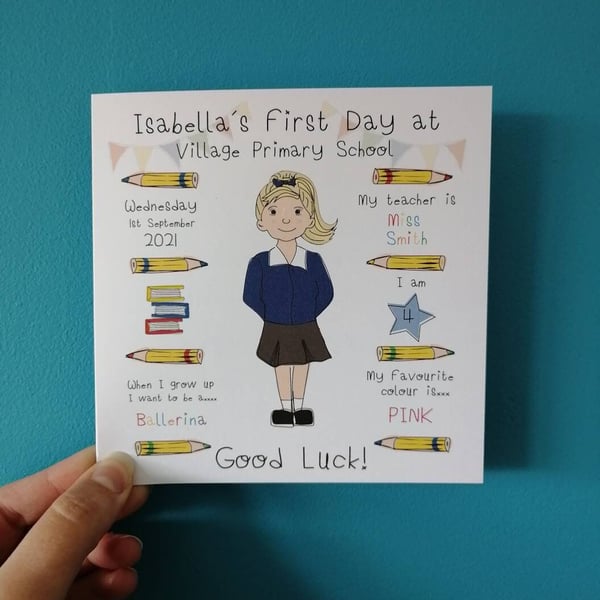 First Day at School Card, First Day at School Print, Good Luck first day card