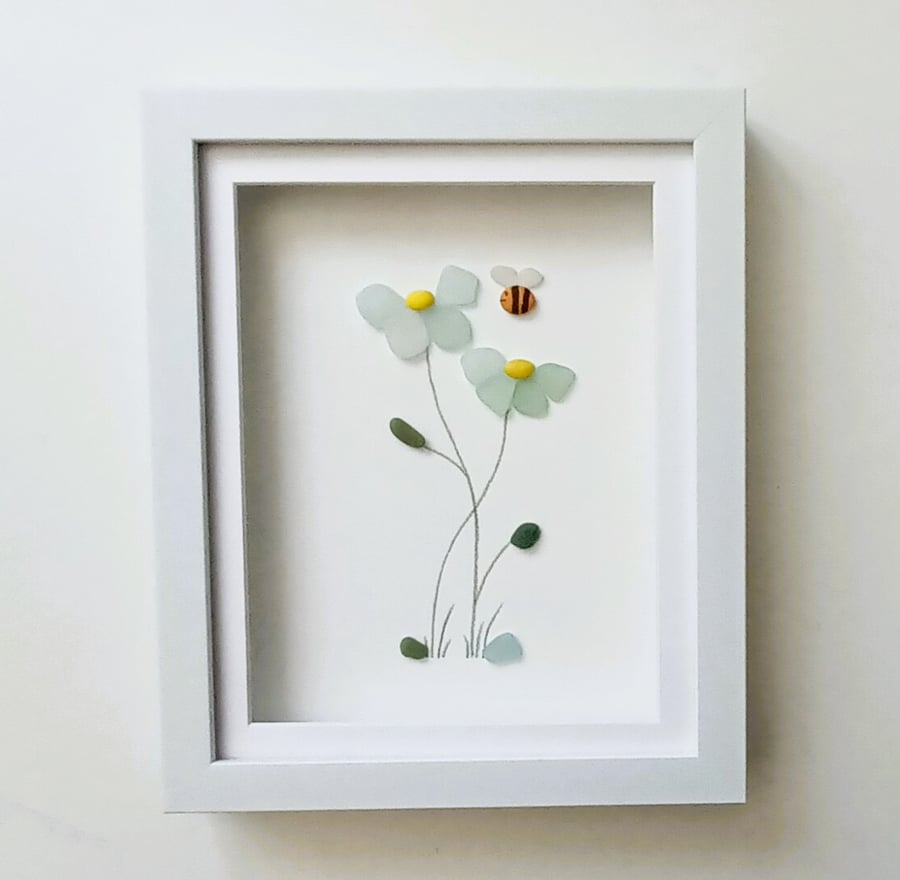 Daisy, Sea Glass Daisies, Wild Flowers, Framed Floral Wall Art, Made in Cornwall