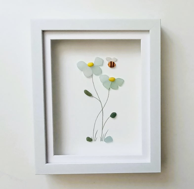 Daisy, Sea Glass Daisies, Wild Flowers, Framed Floral Wall Art, Made in Cornwall
