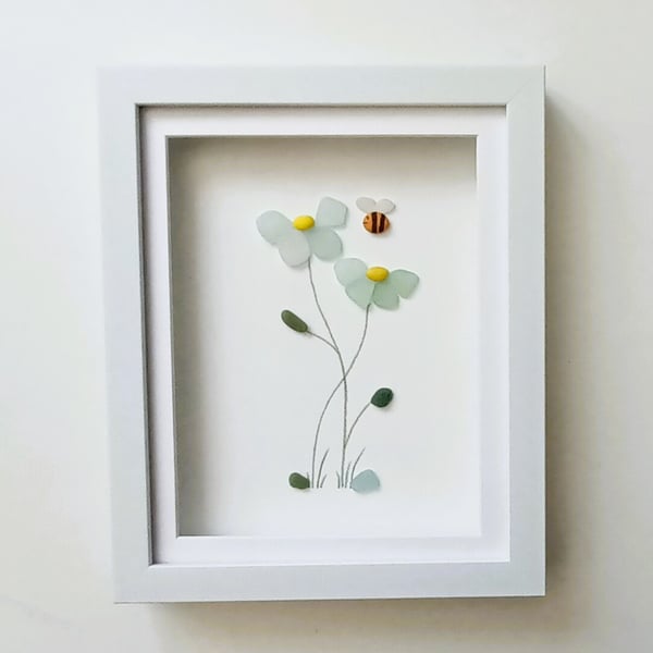 Daisy, Sea Glass Daisies, Wild Flowers, Framed Floral Wall Art, Made in Cornwall