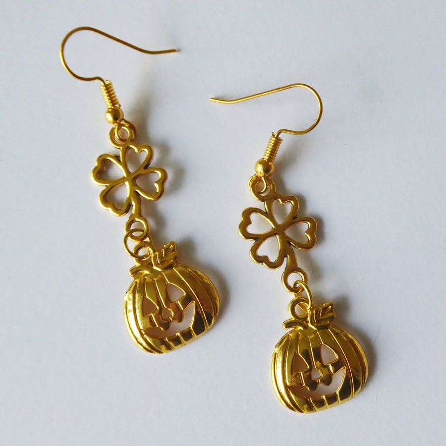 Lucky Four Leaf Clover & Pumpkin Earrings & Gold Plated Ear Wires