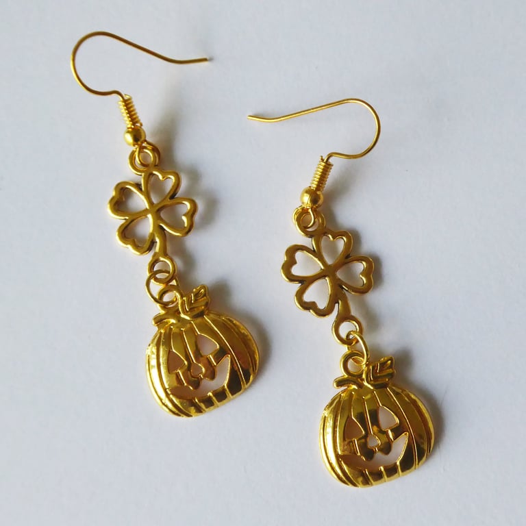 Lucky Four Leaf Clover & Pumpkin Earrings & Gold Plated Ear Wires