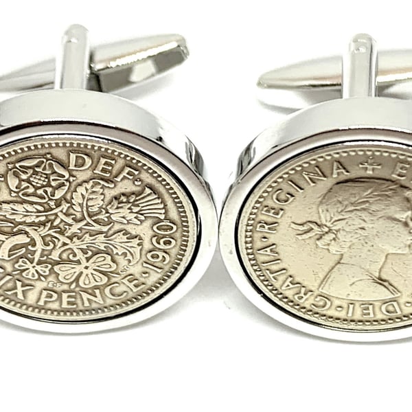 1960 Sixpence Cufflinks 65th birthday. Original sixpence coins Great gift HT