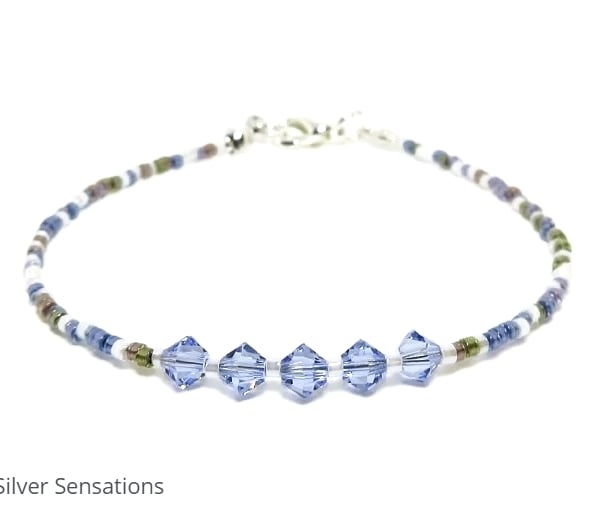 Purple Mix Seed Bead Friendship Bracelet With Swarovski Crystals - 6.5" - 8"
