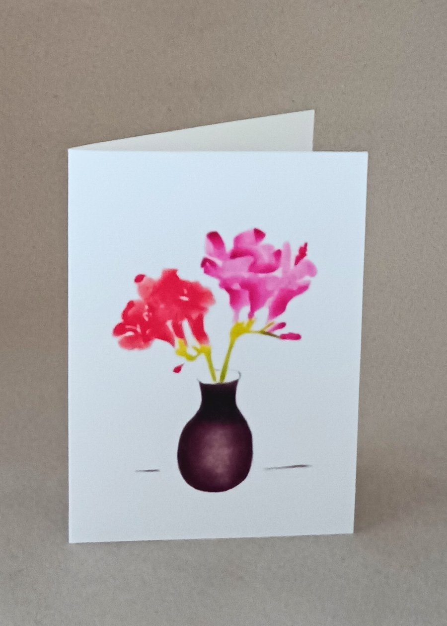Freesias dark pink and red botanical art blank inside handmade flower card