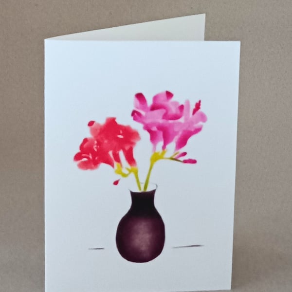 Freesias dark pink and red botanical art blank inside handmade flower card