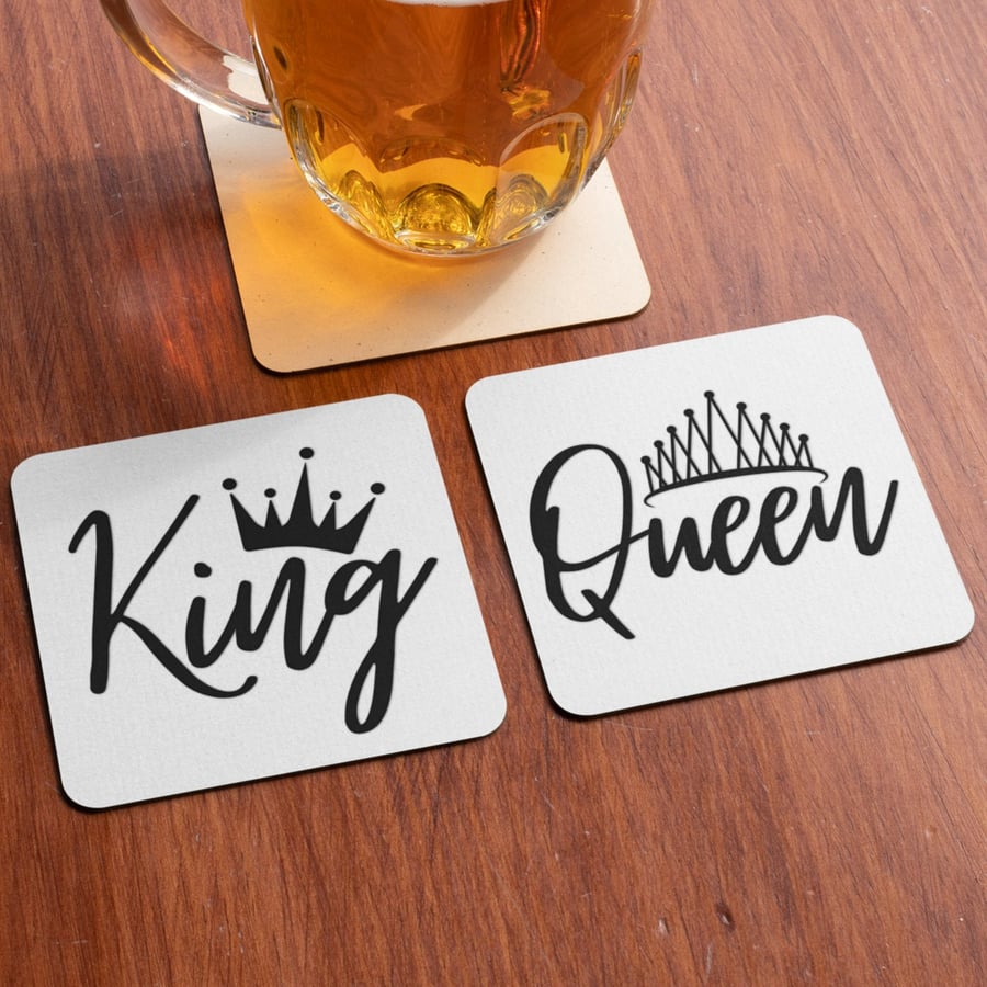 King Queen Coaster Set Couple Gift Anniversary Valentine's Engagement Novelty