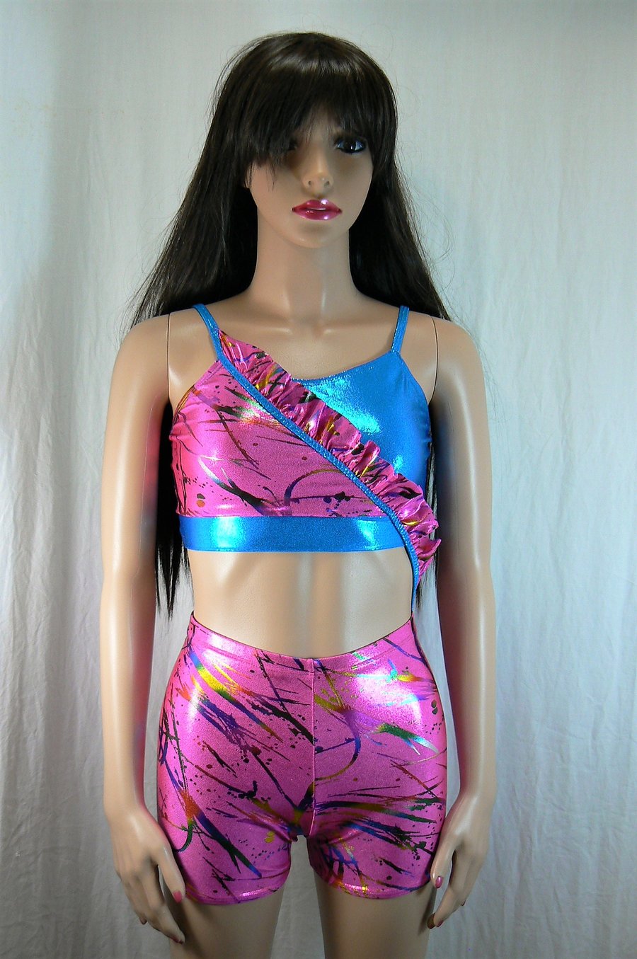 crop top and hotpant with frill detail (turquoise and pink)