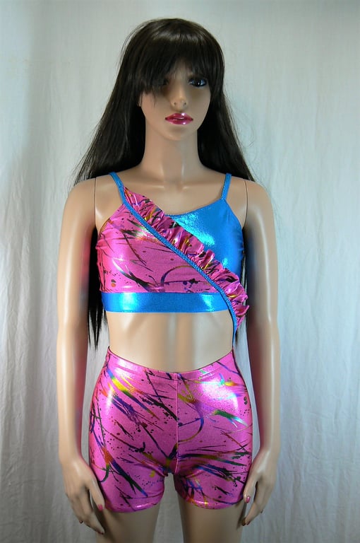crop top and hotpant with frill detail (turquoise and pink)