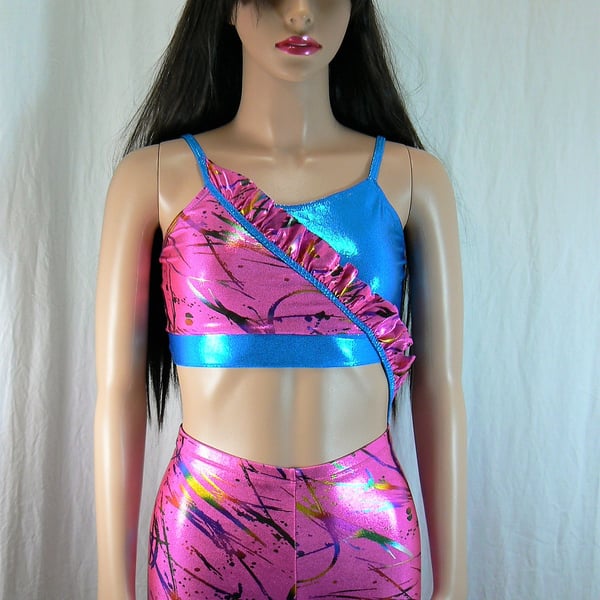 crop top and hotpant with frill detail (turquoise and pink)