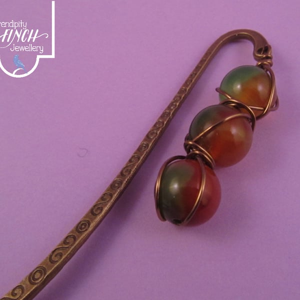 Green Orange Agate Wire Wrapped Bookmark