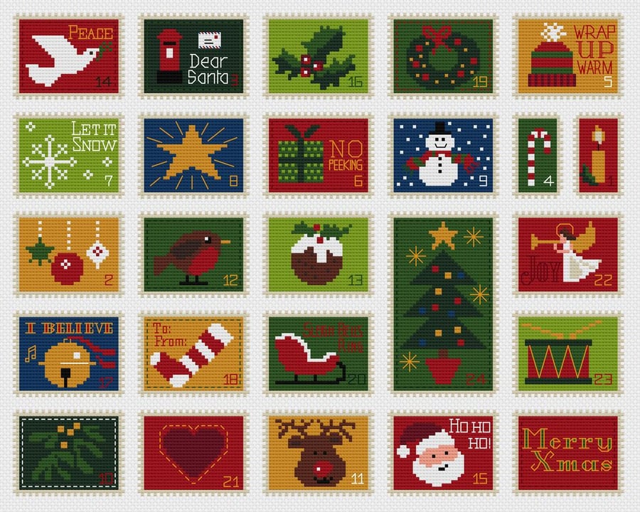 197 Christmas Holidays Advent Calendar Stamps Collection - CrossStitch Pattern
