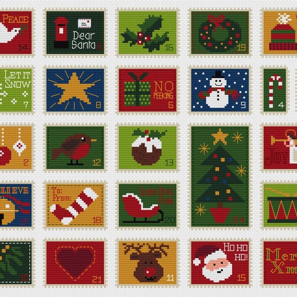 197 Christmas Holidays Advent Calendar Stamps Collection - CrossStitch Pattern