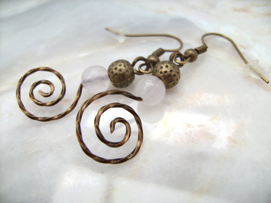 Vintage bronze wire spiral rose quartz earrings
