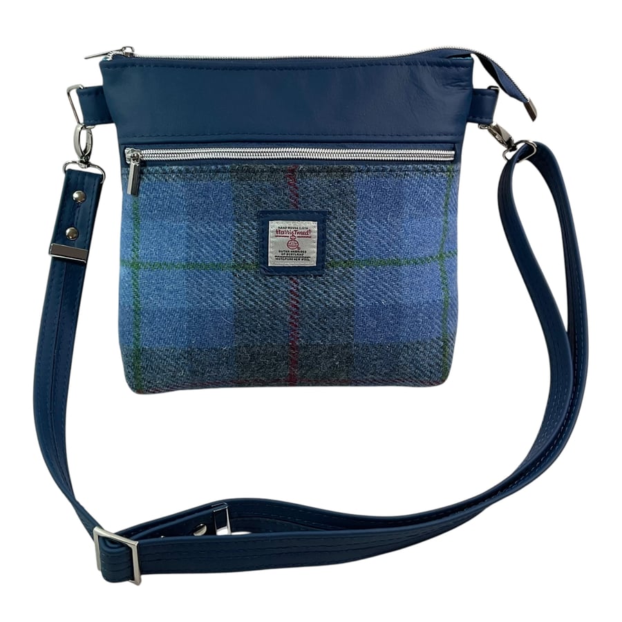 Genuine leather and Harris tweed handbag in blue