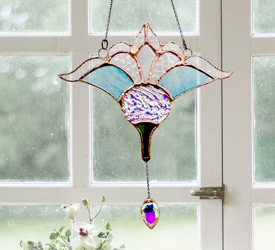 Art Deco Suncatcher Lotus Dichroic Stained Glass and Diamante Drop