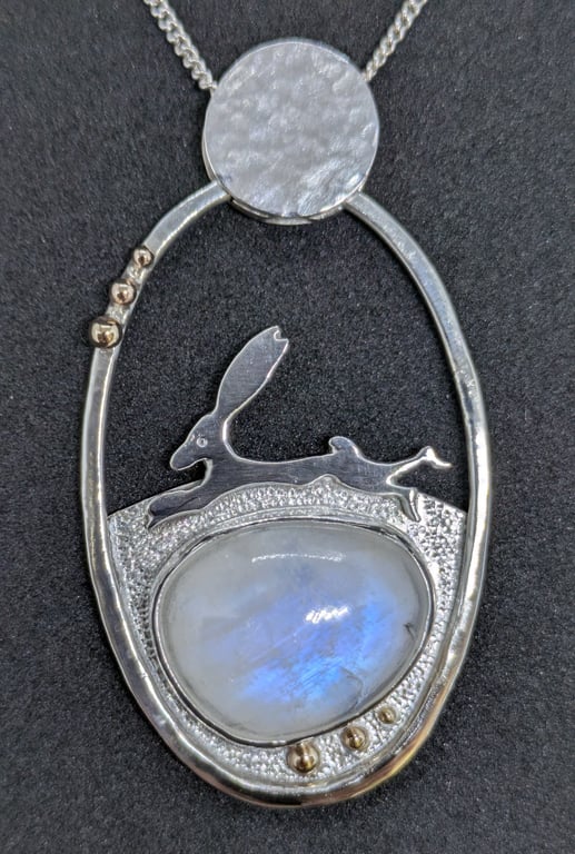 Sterling silver and gold pendant, Hare pendant, Moonstone pendant 
