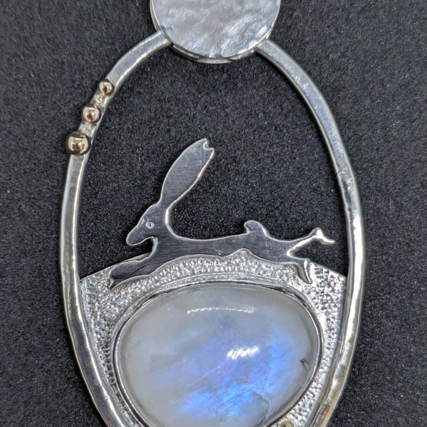 Sterling silver and gold pendant, Hare pendant, Moonstone pendant 